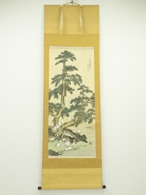 JAPANESE HANGING SCROLL / HAND PAINTED CRANES 